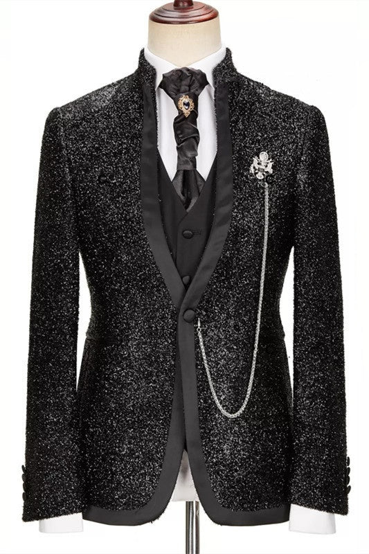 Elegant Black Sequins Three Pieces Stand-up Collar Prom Suits
