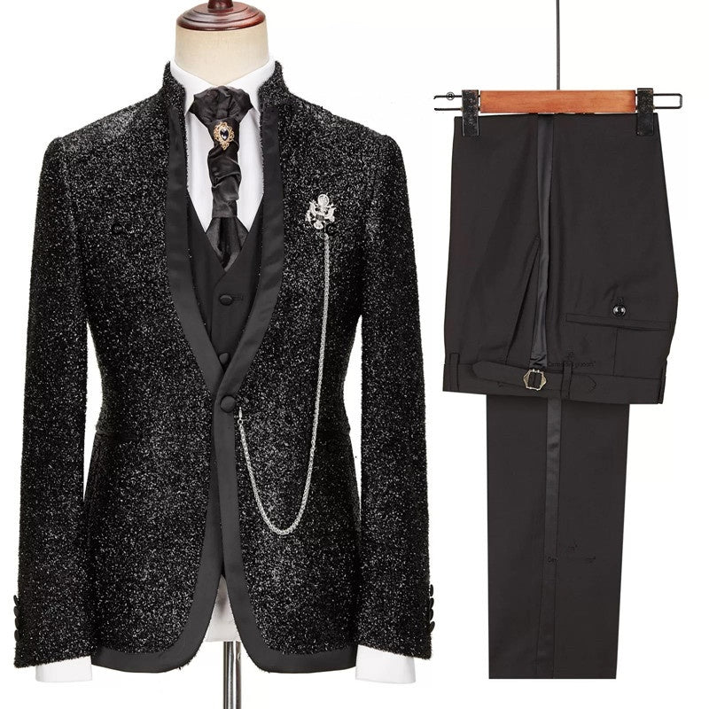 Elegant Black Sequins Three Pieces Stand-up Collar Prom Suits