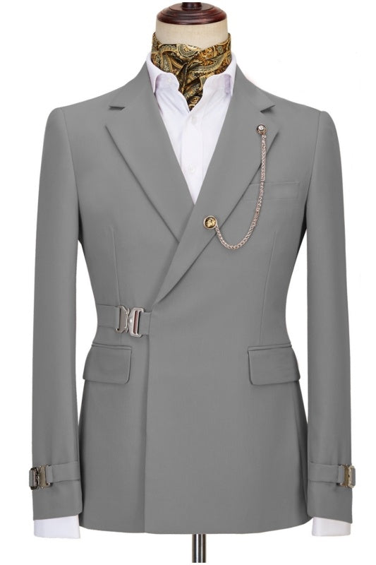 Stylish Gray Notched Lapel Close Fitting Prom Suits With Metal Buckle