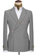 Stylish Gray Notched Lapel Close Fitting Prom Suits With Metal Buckle