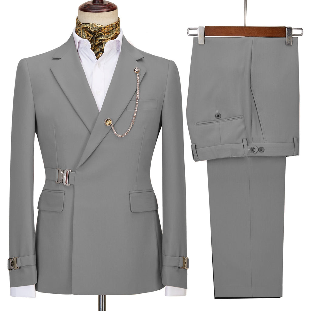 Stylish Gray Notched Lapel Close Fitting Prom Suits With Metal Buckle