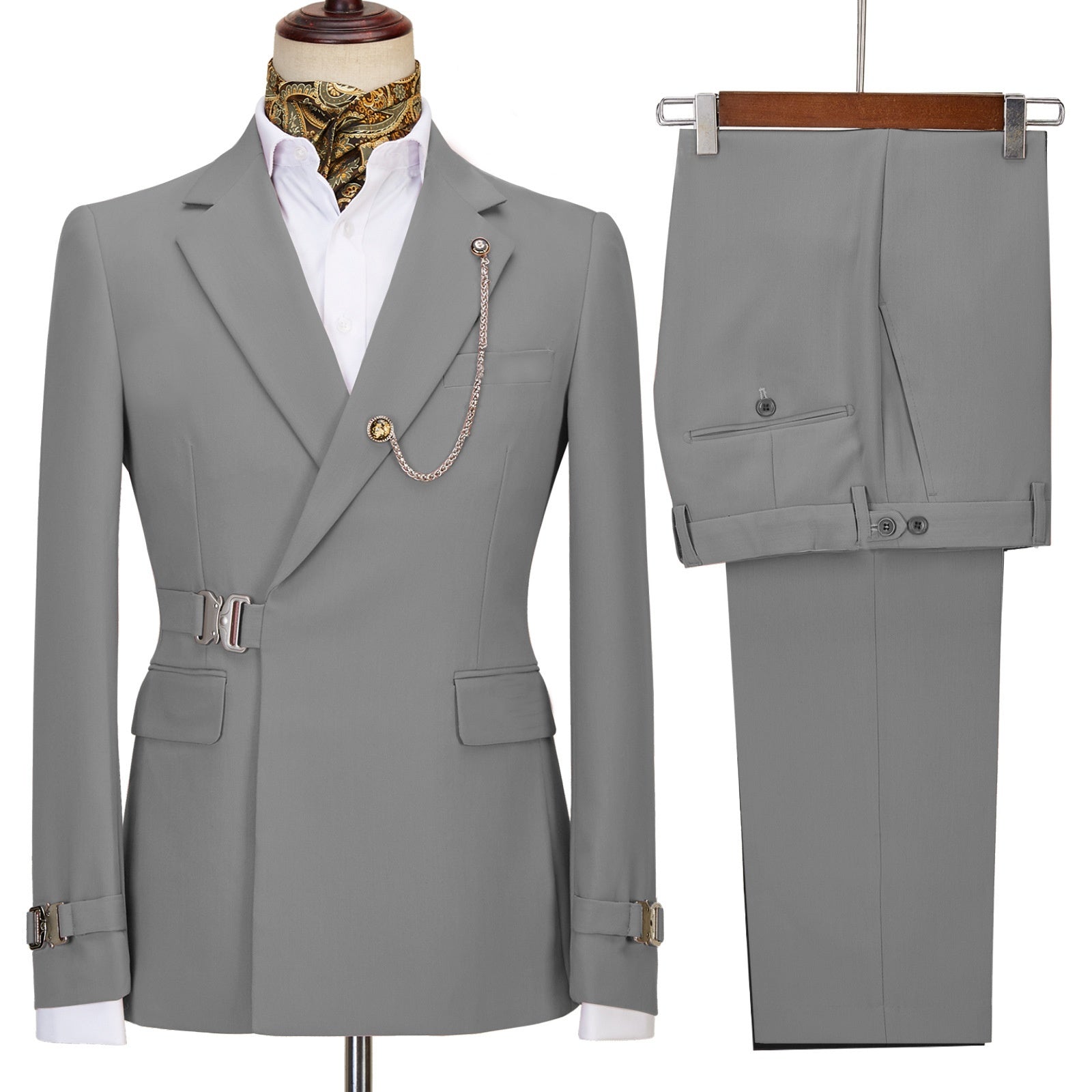Stylish Gray Notched Lapel Close Fitting Prom Suits With Metal Buckle