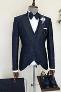 Trendy Navy Blue Jacquard 3 Pieces Peaked Lapel Prom Suits
