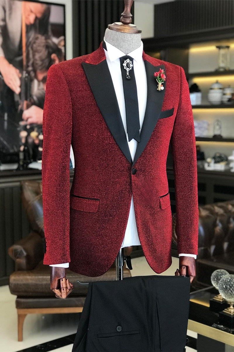 Sparkling Red Peaked Lapel Men's Ball Suit With Black Satin Lapel