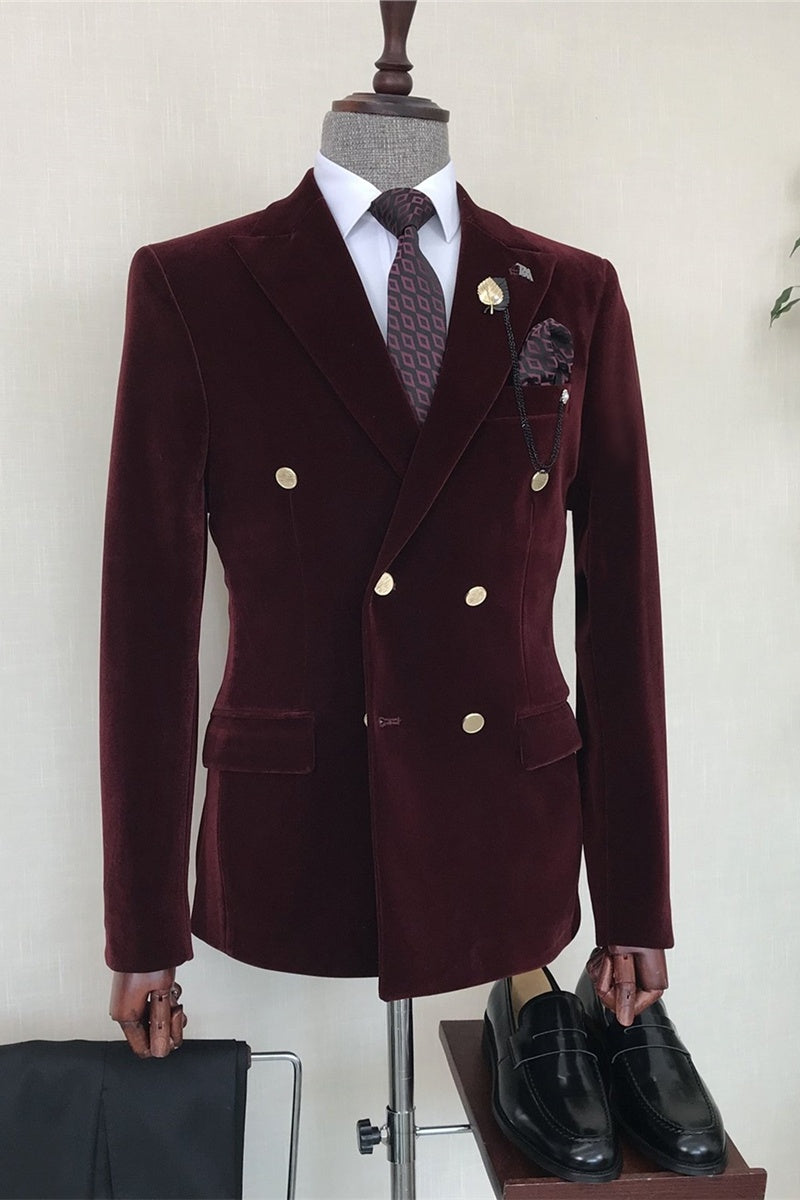 Glamorous Burgundy Double Breasted Velvet Men's Prom Suits