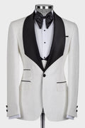 Popular White Three Pieces Jacquard Wedding Suits With Black Satin Lapel