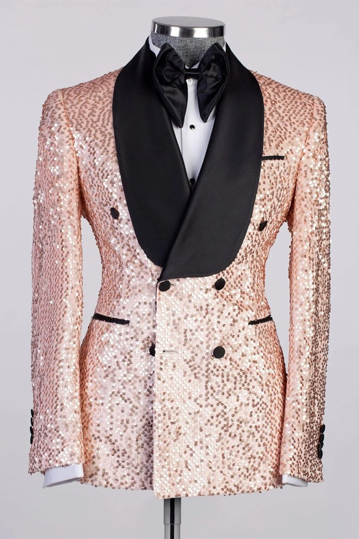 Sparkle Pink Sequins Double Breasted Prom Suits For Men