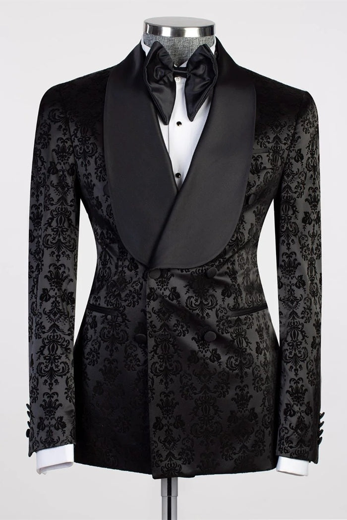 Generous Black Jacquard Double Breasted Shawl Lapel Prom Suits