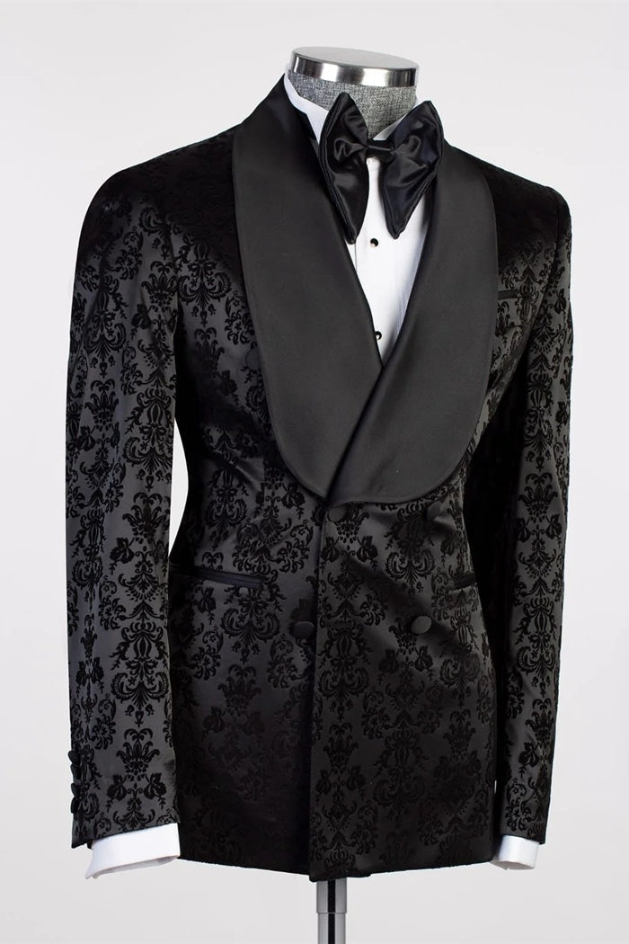 Generous Black Jacquard Double Breasted Shawl Lapel Prom Suits