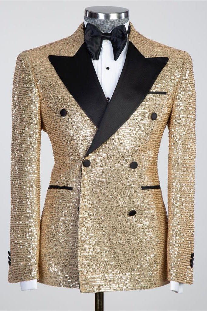 Elegant Gold Double Breasted Peaked Lapel Sequins Men's Prom Suits