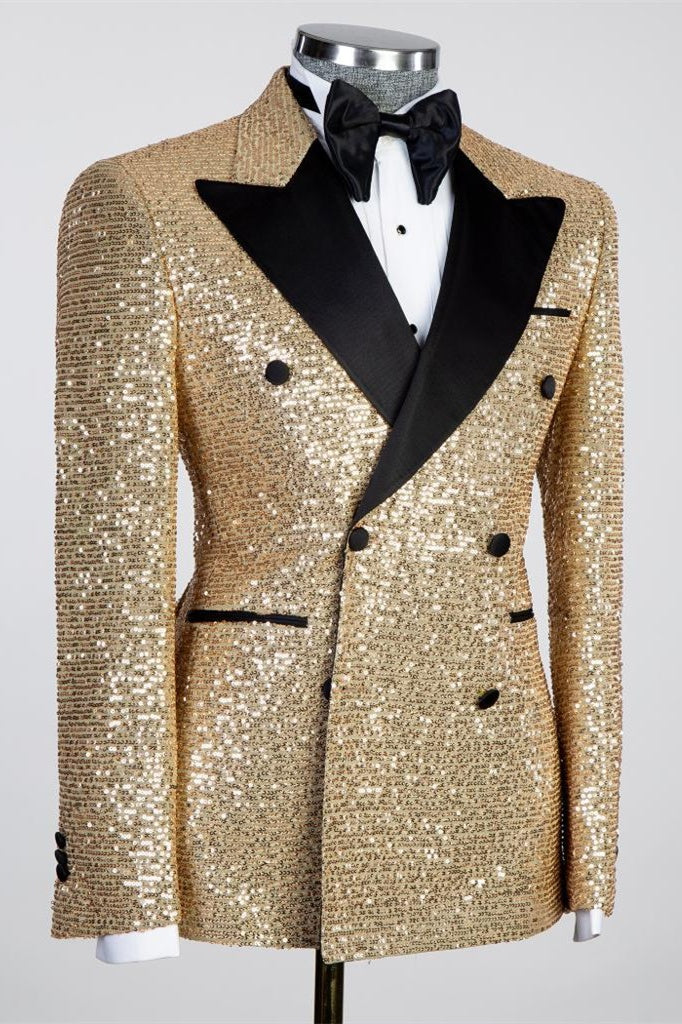 Elegant Gold Double Breasted Peaked Lapel Sequins Men's Prom Suits