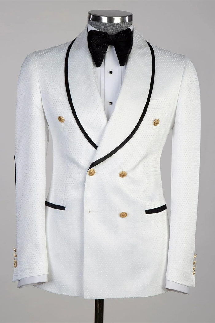 Fashion White Double Breasted Golden Button Wedding Suits With Black Edge