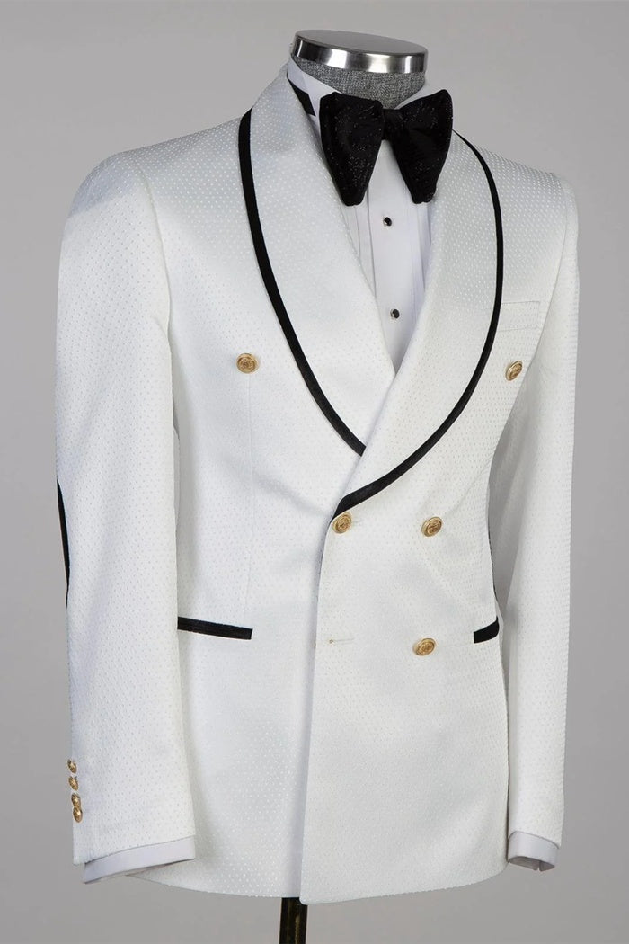 Fashion White Double Breasted Golden Button Wedding Suits With Black Edge