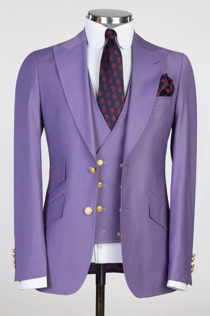 Exquisite Purple 3 Pieces Peaked Lapel Prom Suits With Waistcoat