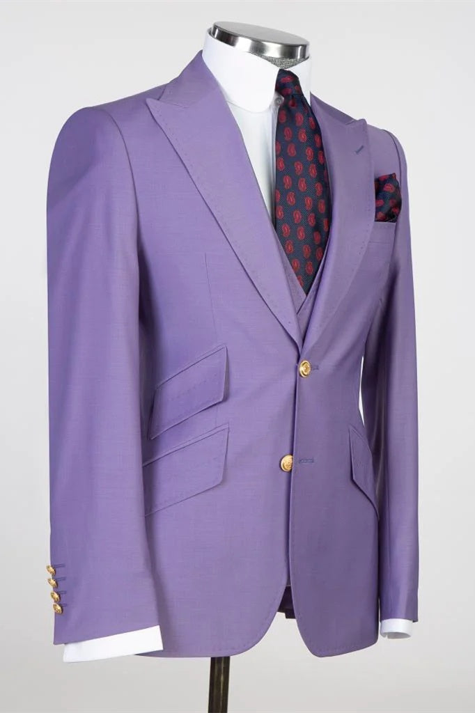 Exquisite Purple 3 Pieces Peaked Lapel Prom Suits With Waistcoat