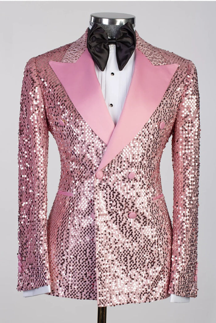 Fancy Pink Double Breasted Peaked Lapel Sequins Prom Suits