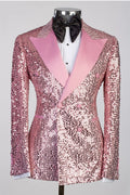 Fancy Pink Double Breasted Peaked Lapel Sequins Prom Suits
