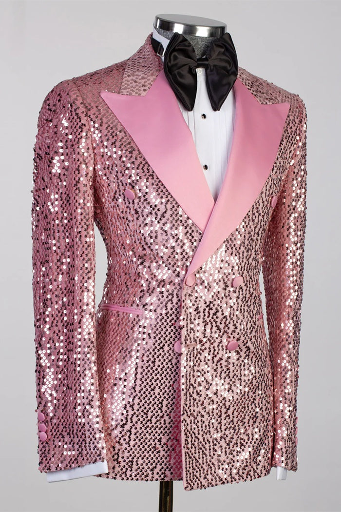 Fancy Pink Double Breasted Peaked Lapel Sequins Prom Suits
