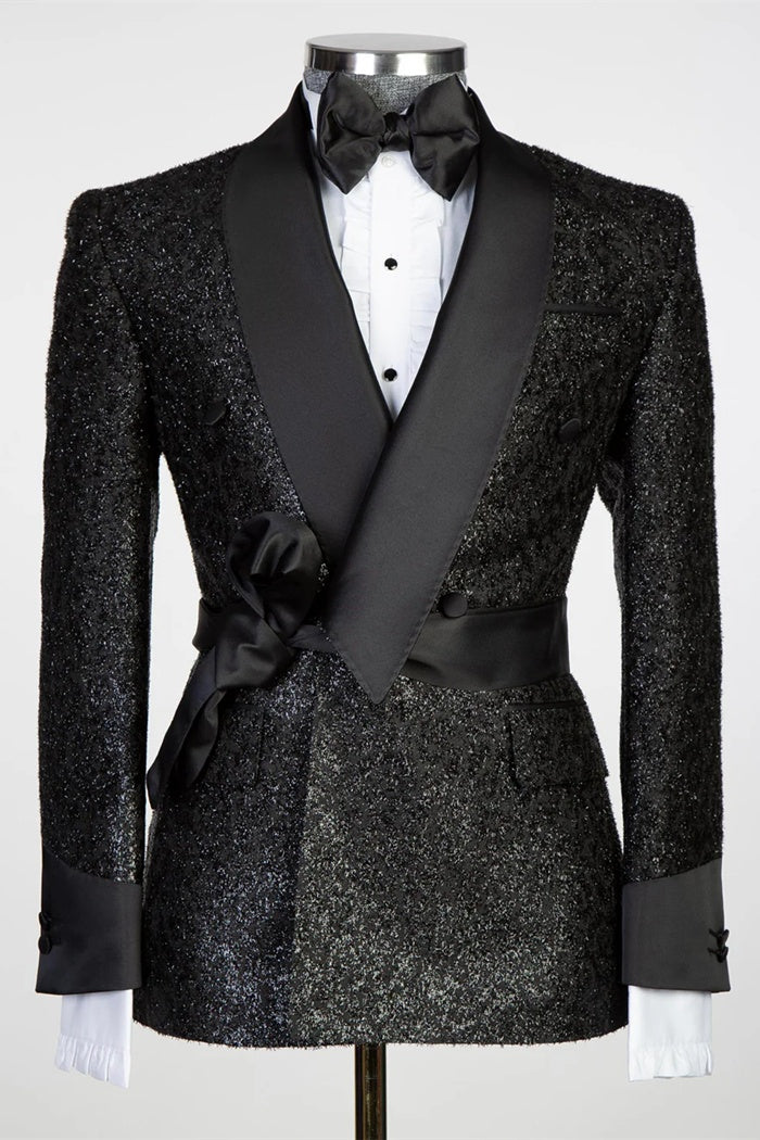 Modern Black Double Breasted Sequins Shawl Lapel Prom Suits With Belt