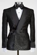 Modern Black Double Breasted Sequins Shawl Lapel Prom Suits With Belt