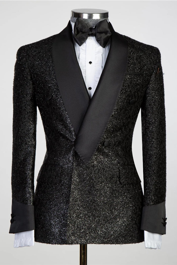 Modern Black Double Breasted Sequins Shawl Lapel Prom Suits With Belt