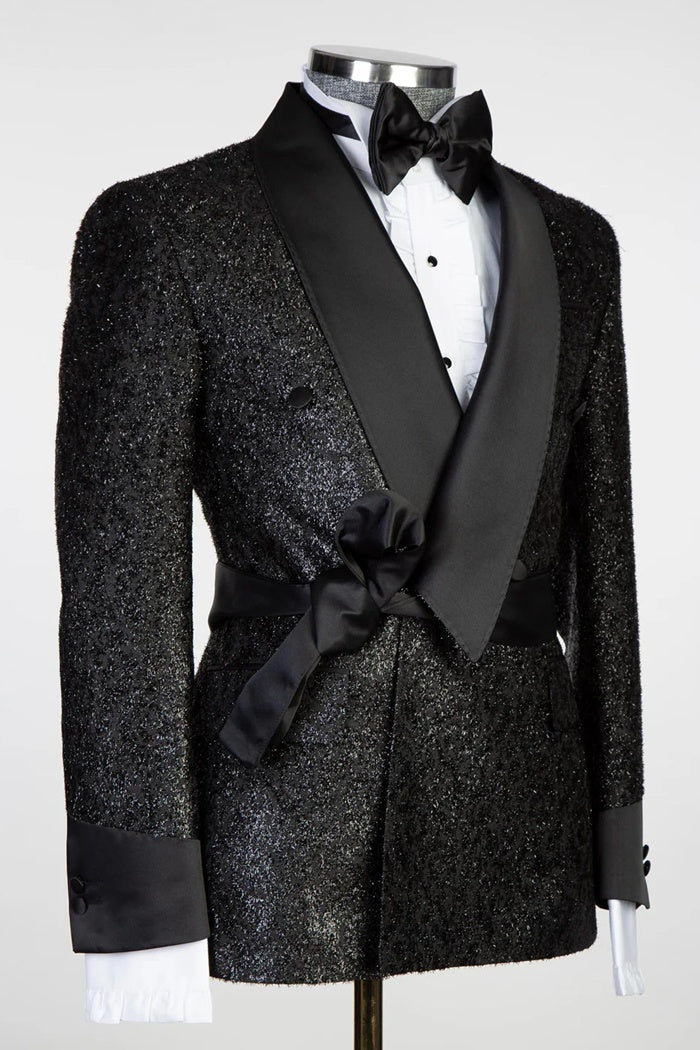 Modern Black Double Breasted Sequins Shawl Lapel Prom Suits With Belt