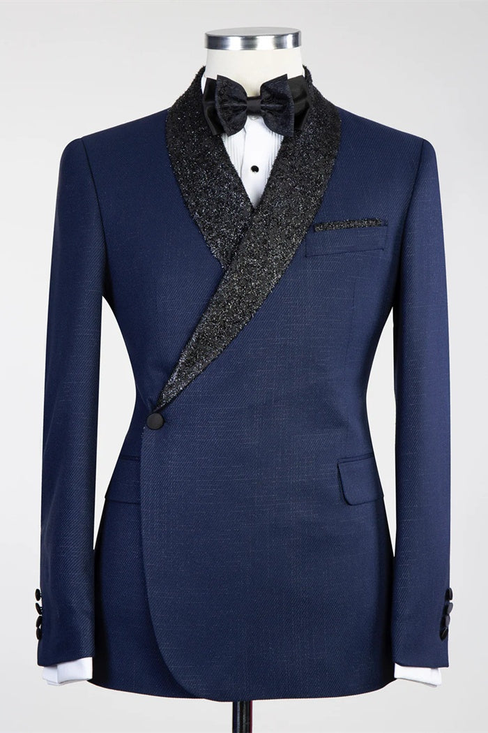Gentle Navy Blue Slim Fit Shawl Lapel Prom Suits For Men