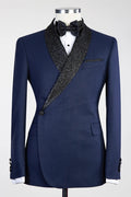 Gentle Navy Blue Slim Fit Shawl Lapel Prom Suits For Men