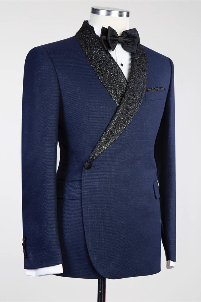 Gentle Navy Blue Slim Fit Shawl Lapel Prom Suits For Men
