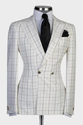 Classy White Double Breasted Plaid Peaked Lapel Business Suits