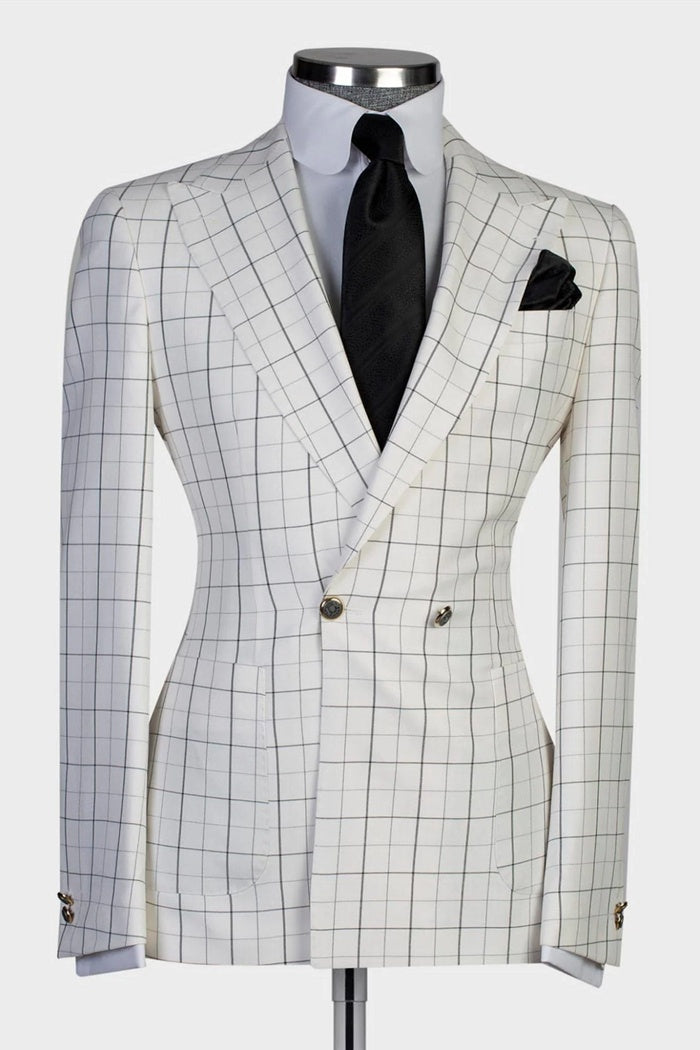 Classy White Double Breasted Plaid Peaked Lapel Business Suits