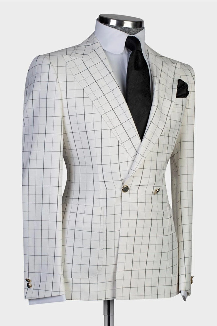 Classy White Double Breasted Plaid Peaked Lapel Business Suits