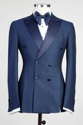Bespoke Dark Blue Double Breasted Prom Suits With Satin Lapel
