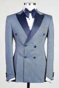 Handsome Blue Double Breasted Prom Suits With Satin Lapel