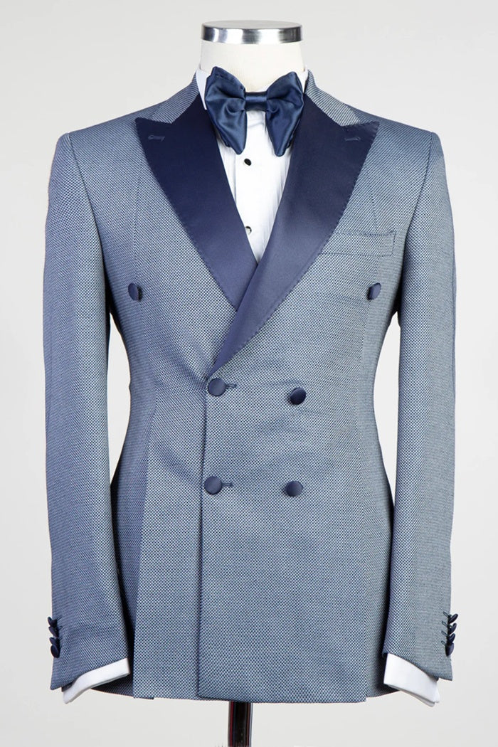 Handsome Blue Double Breasted Prom Suits With Satin Lapel