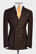 Decent Brown Pinstriped Double Breasted Shawl Lapel Prom Suits