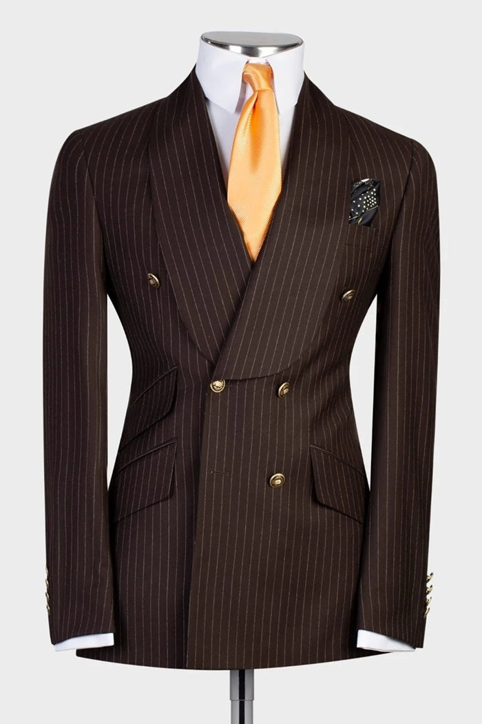 Decent Brown Pinstriped Double Breasted Shawl Lapel Prom Suits