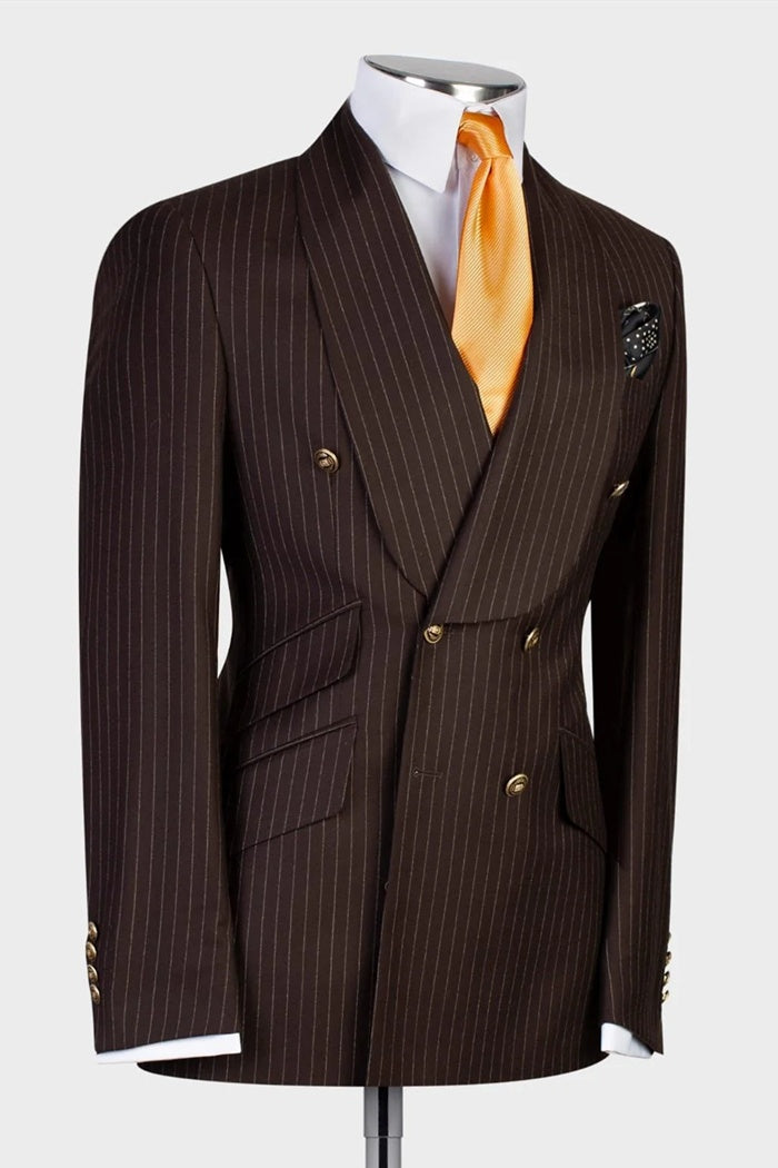 Decent Brown Pinstriped Double Breasted Shawl Lapel Prom Suits
