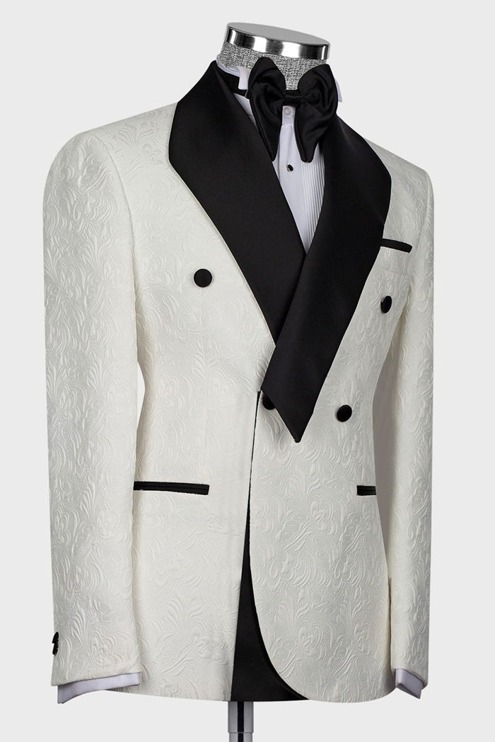 Lovely Off-white Double Breasted Jacquard Prom Suits