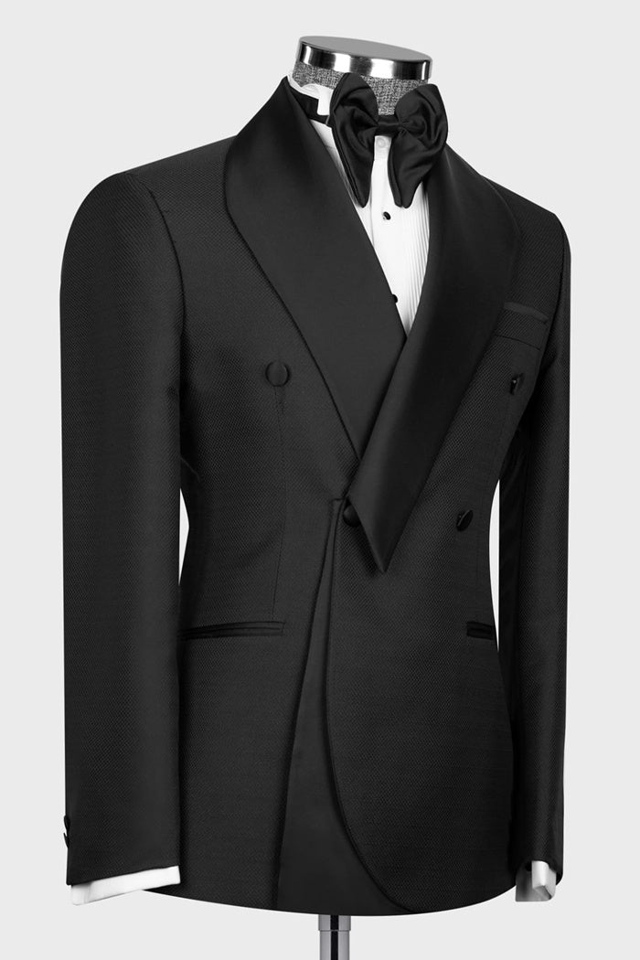 Trendy Black Double Breasted Shawl Lapel Close Fitting Prom Suits