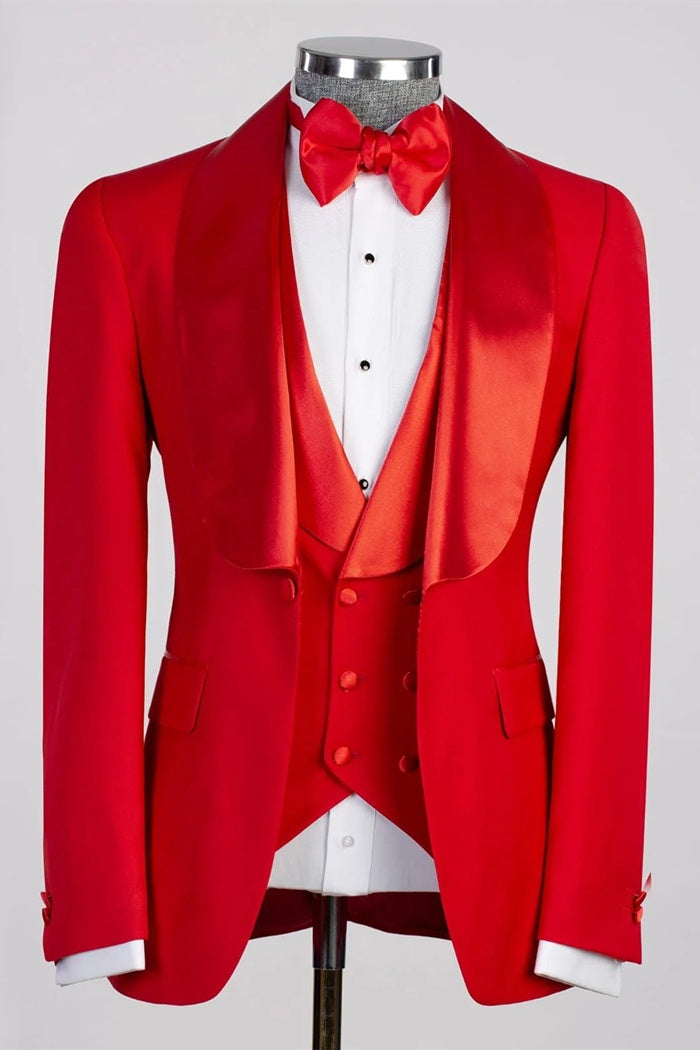 Festival Red 3 Pieces Best Fitted Wedding Suits With Satin Lapel