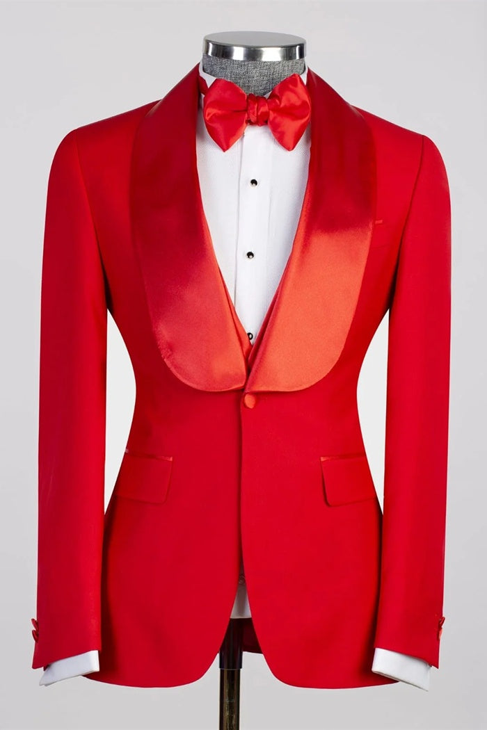 Festival Red 3 Pieces Best Fitted Wedding Suits With Satin Lapel