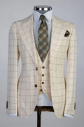 Fashion Khaki Plaid 3 Pieces Peaked Lapel Business Suits