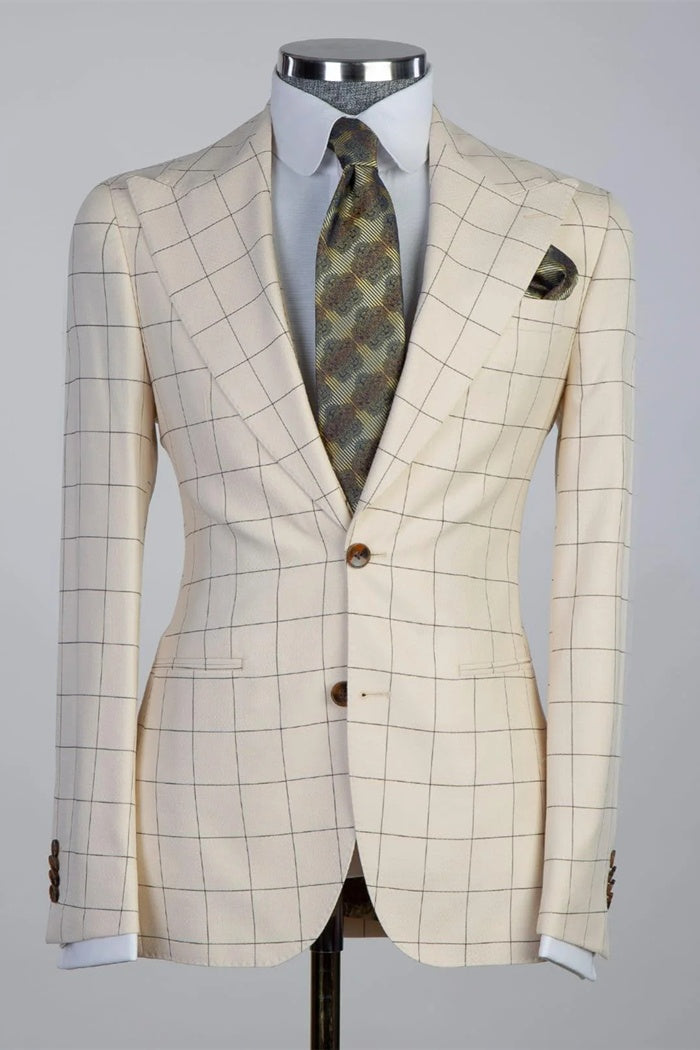 Fashion Khaki Plaid 3 Pieces Peaked Lapel Business Suits