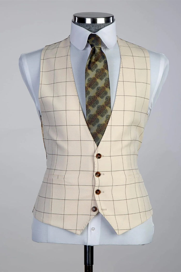 Fashion Khaki Plaid 3 Pieces Peaked Lapel Business Suits