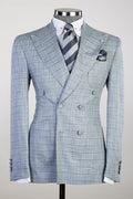 Fancy Dusty Blue Plaid Double Breasted Men's Business Suits