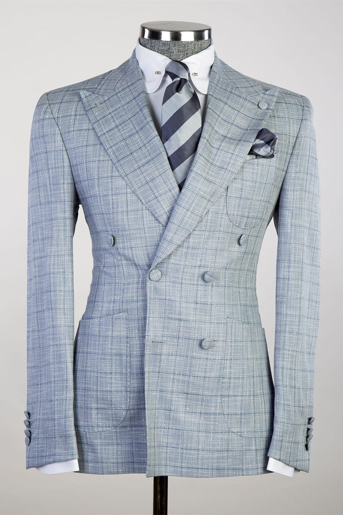Fancy Dusty Blue Plaid Double Breasted Men's Business Suits