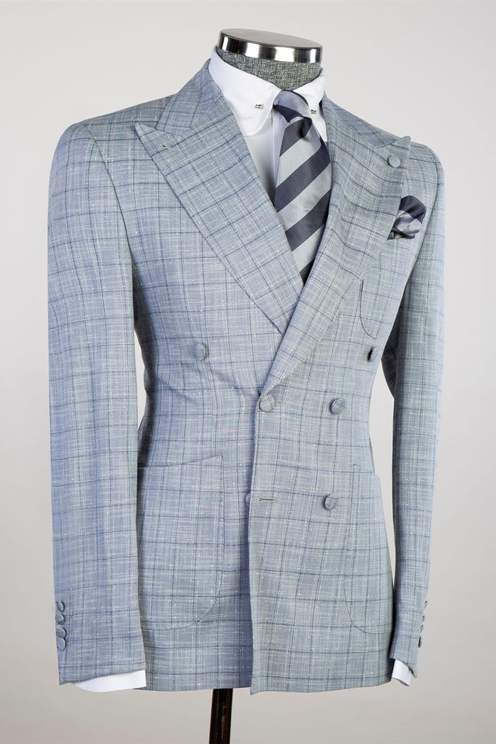 Fancy Dusty Blue Plaid Double Breasted Men's Business Suits