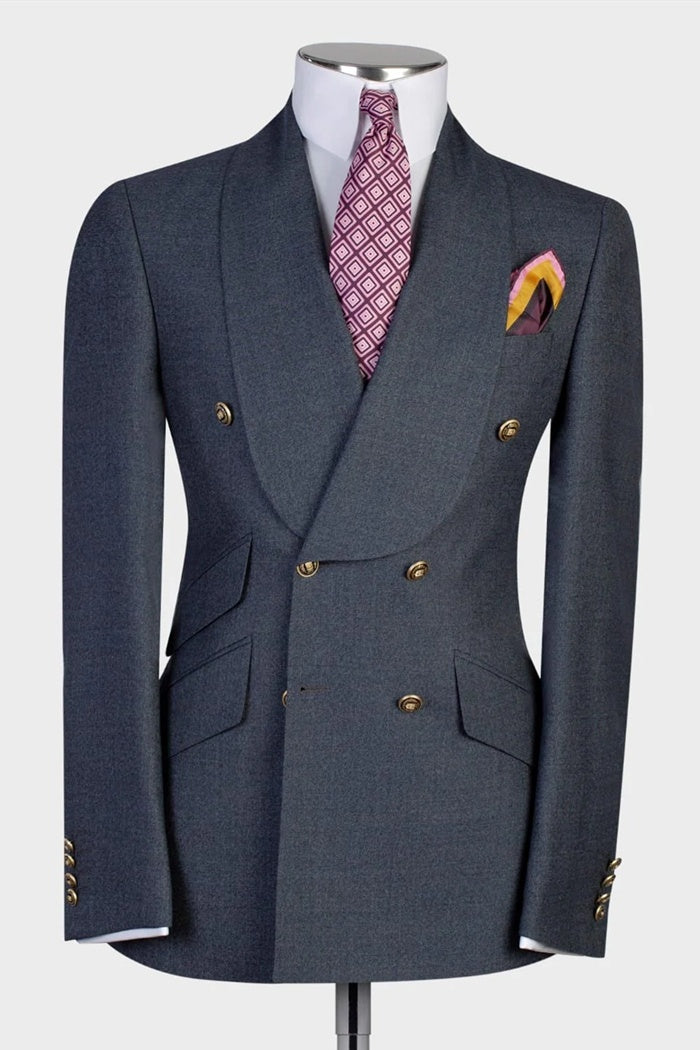 Chic Dark Gray Double Breasted Shawl Lapel Formal Men Suits