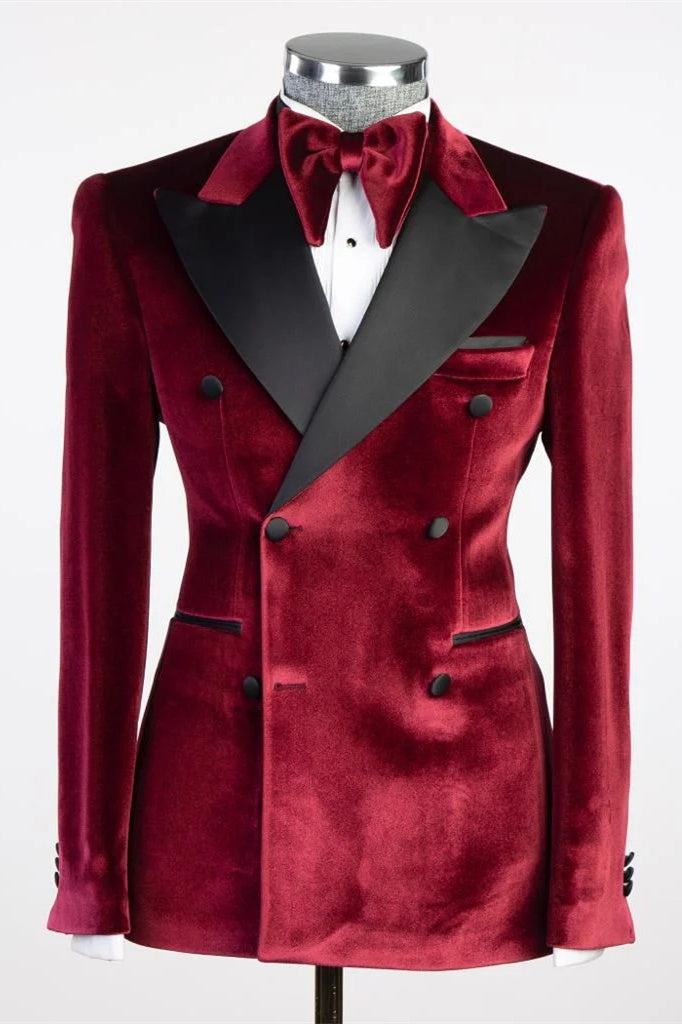 Fashion Burgundy Velvet Double Breasted Men Suits For Prom